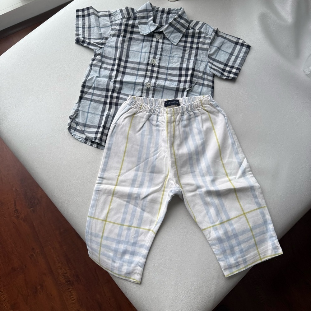 Baby kids shirt button down short sleeves + pants 6/9 months Burberry blue